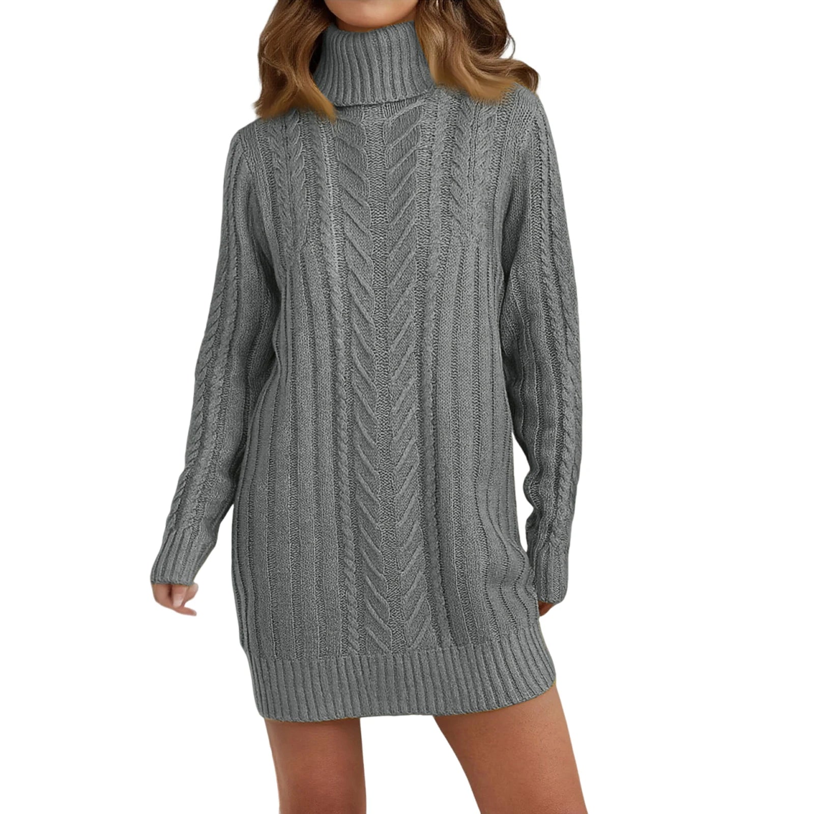 Women’s grey cable knit turtleneck sweater dress