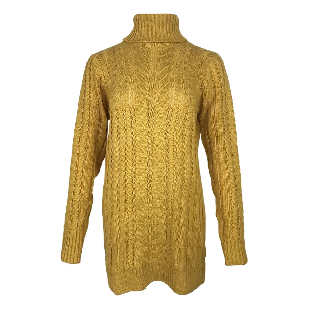 Women’s mustard cable knit turtleneck sweater dress
