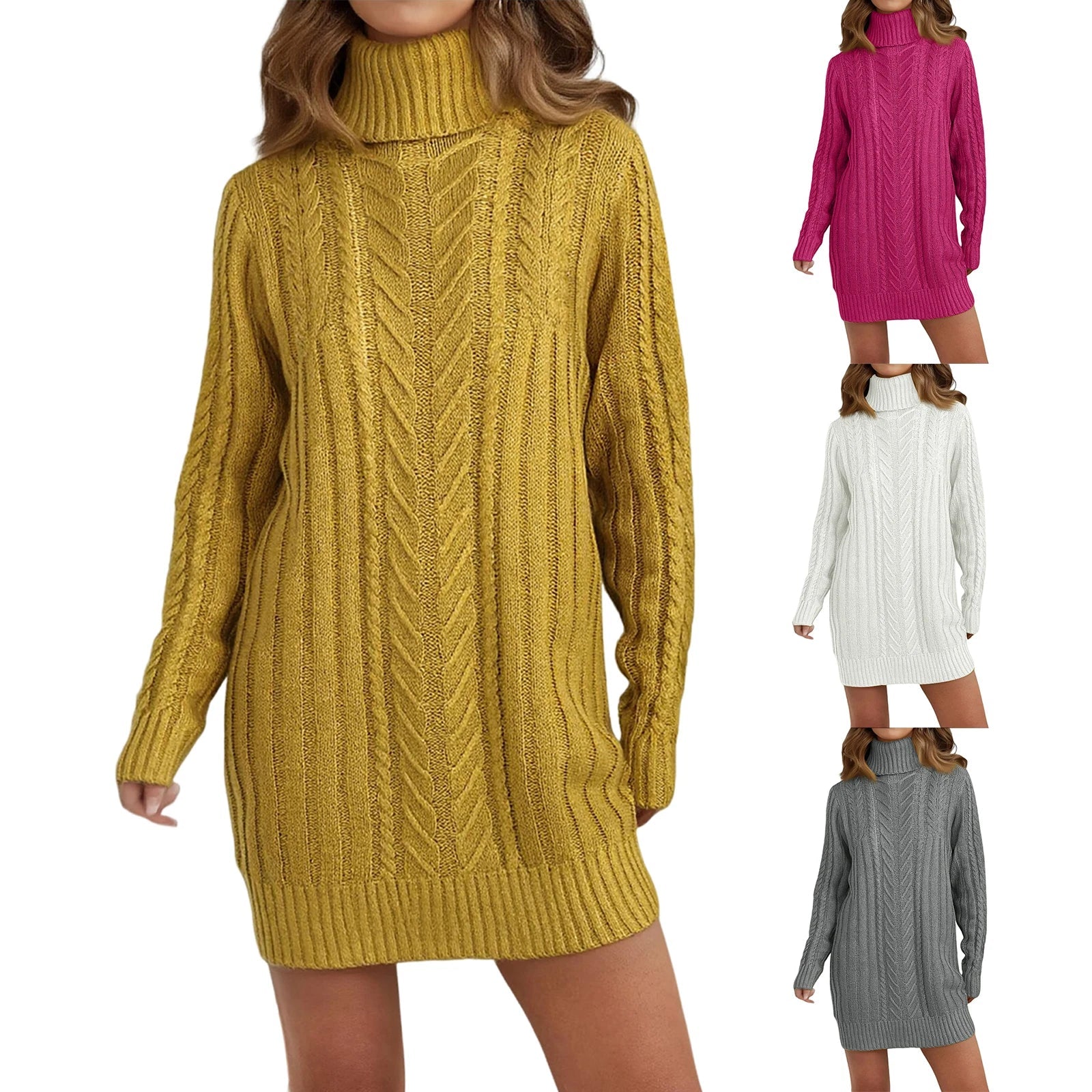 Women’s mustard turtleneck knit sweater dress for winter