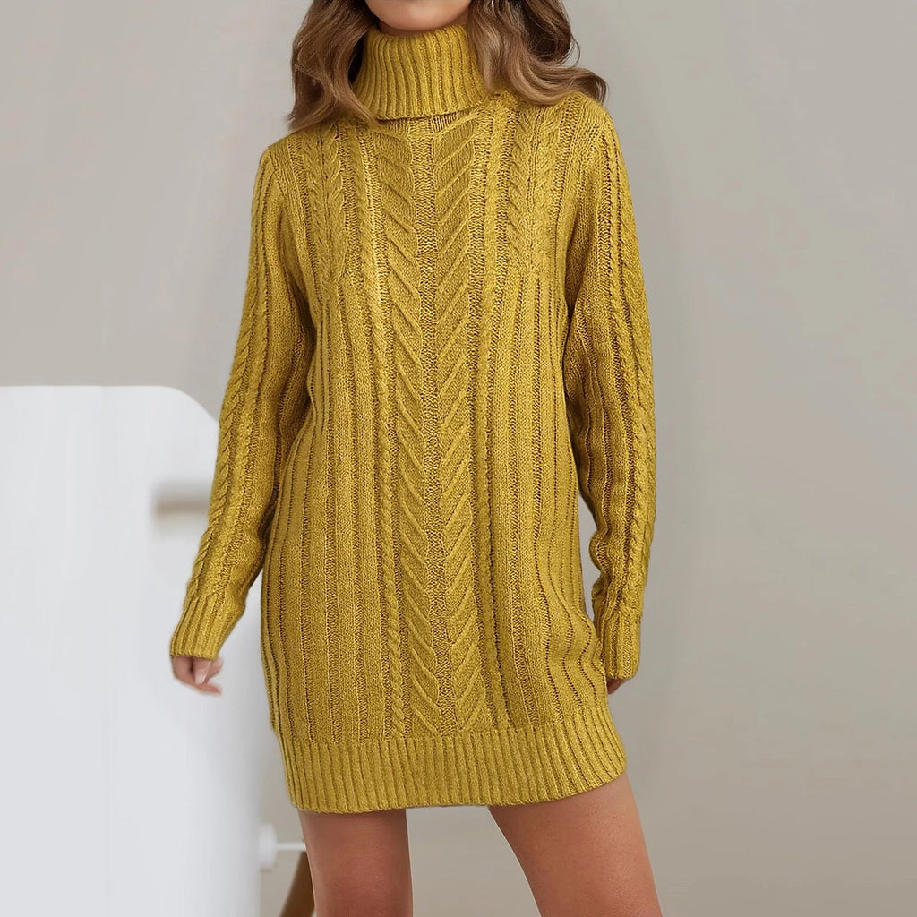 Women’s mustard cable knit turtleneck sweater dress