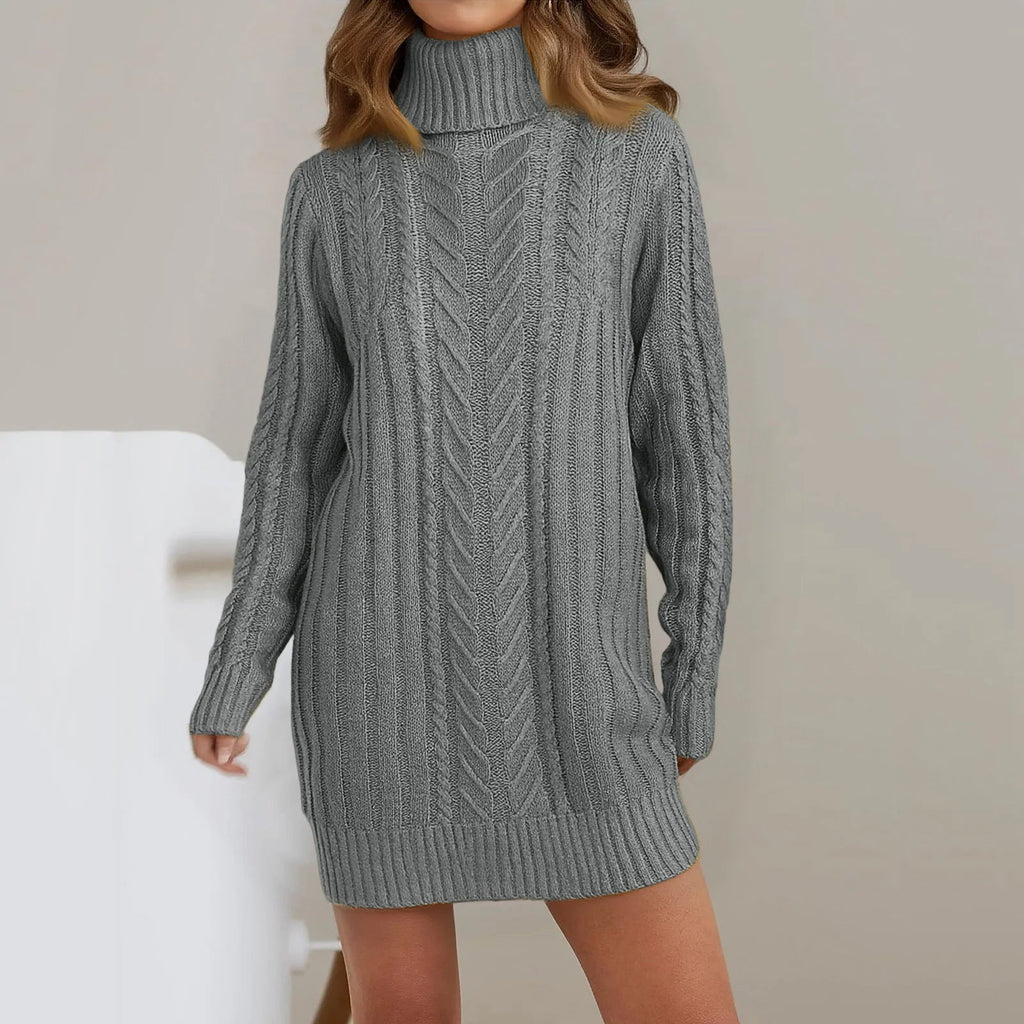 Women’s grey cable knit turtleneck sweater dress