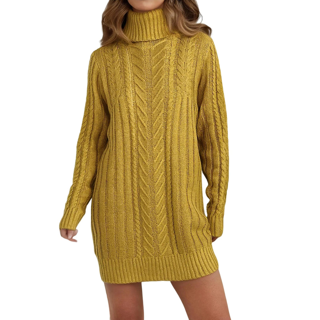 Women’s mustard cable knit turtleneck sweater dress