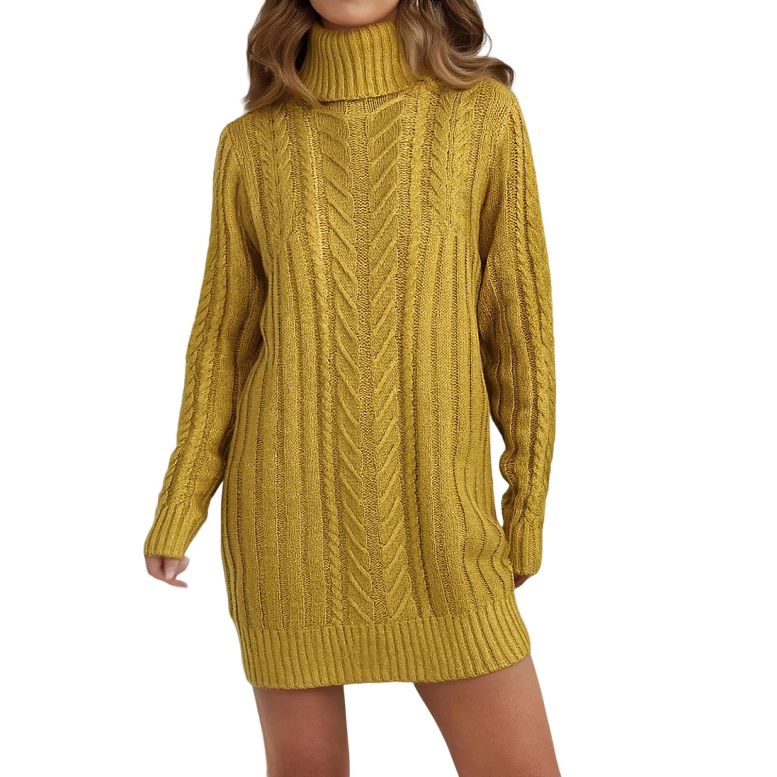 Women’s mustard cable knit turtleneck sweater dress