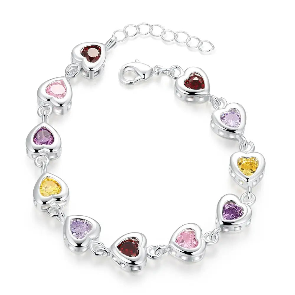 Rainbow Heart Crystal Bracelet – Sterling Silver Finish