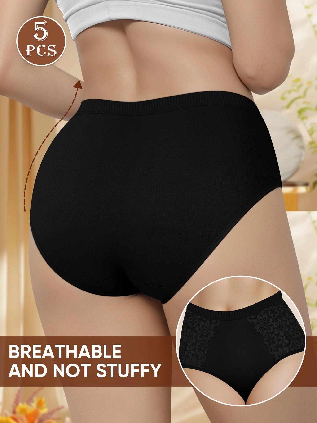 : Back view of a model wearing black high-waist lace underwear, showcasing the full coverage and comfortable fit