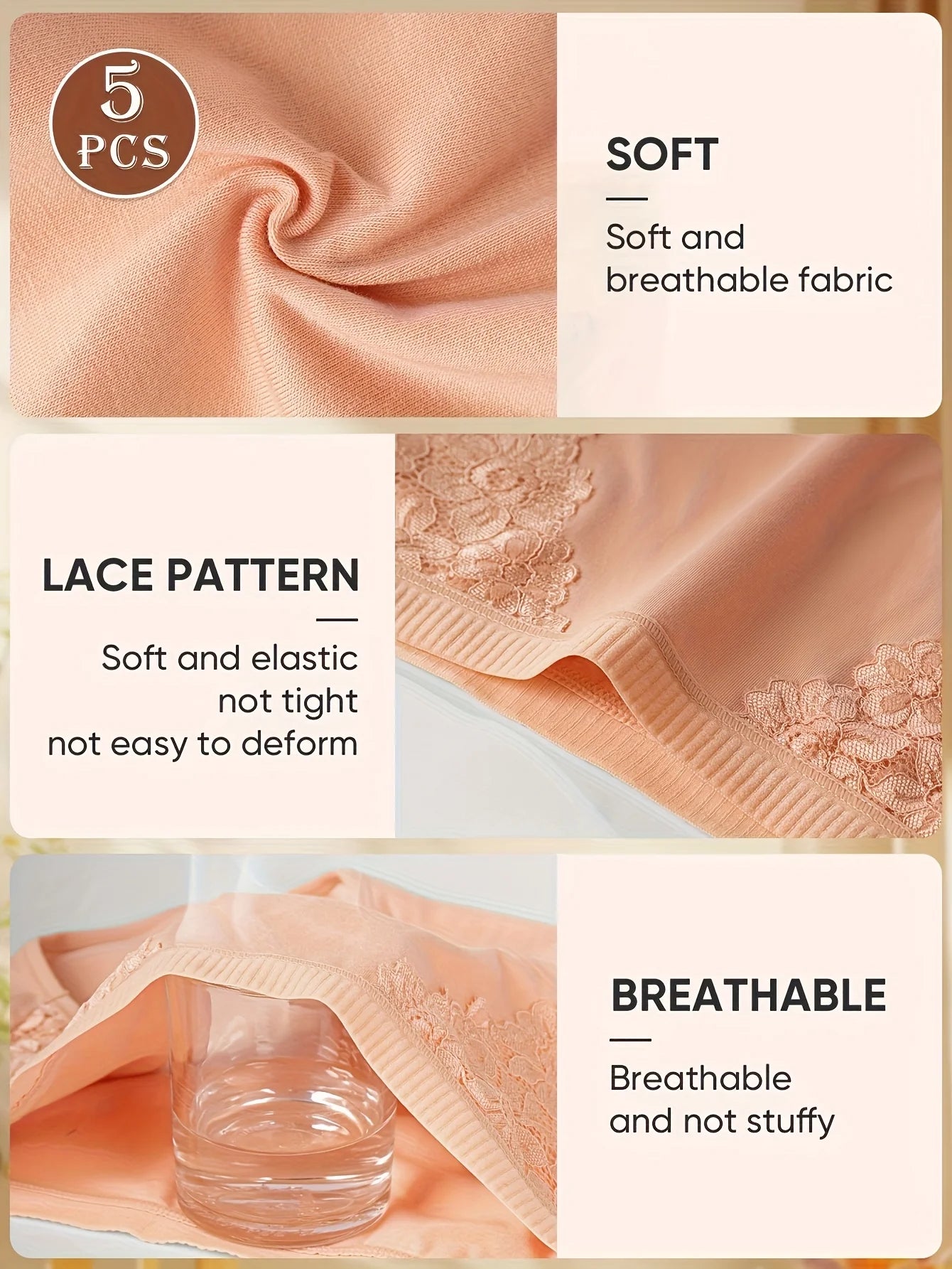 Infographic showing the elastic lace pattern, soft breathable material, and non-deforming fabric of the underwear.