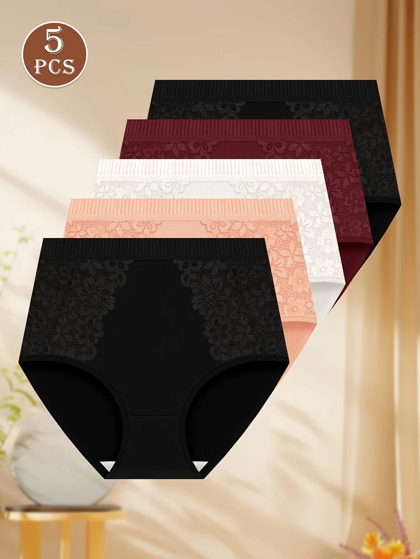 High-waist women's lace underwear 5-piece pack in black, burgundy, white, and nude colors.