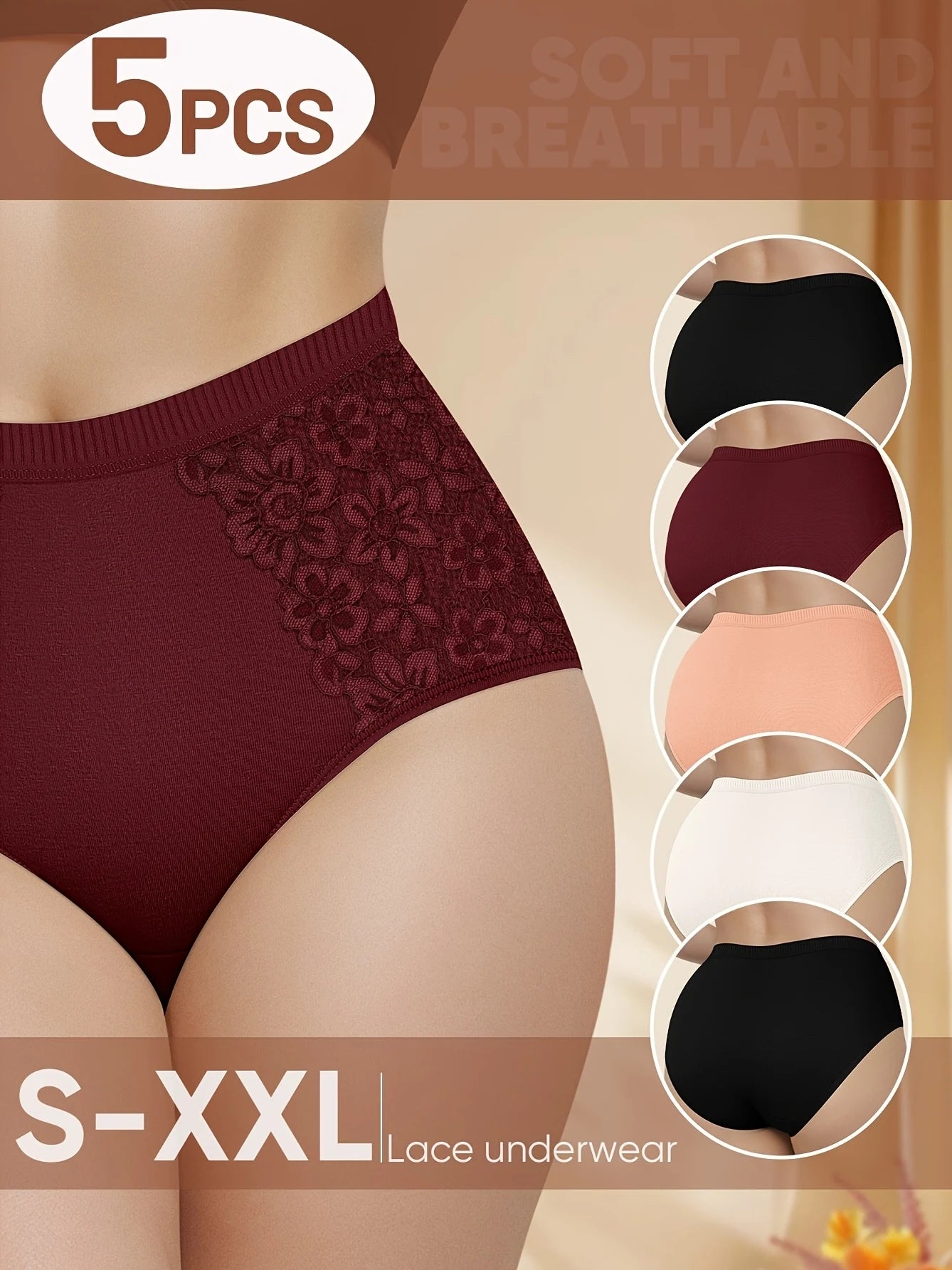 Size guide for women's lace underwear ranging from small to double extra large, featuring a burgundy model.